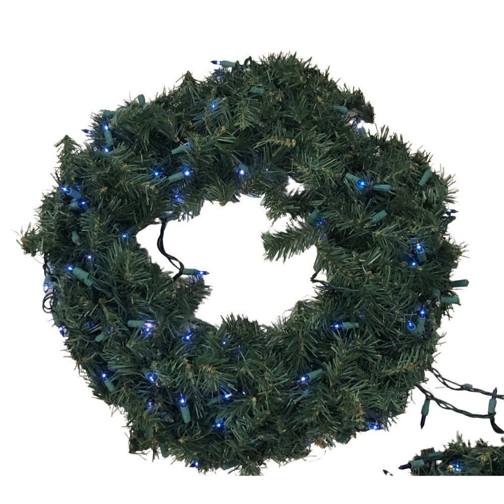Vintage Pine Artificial Christmas Wreath Pre-lit Blue Lights 18"